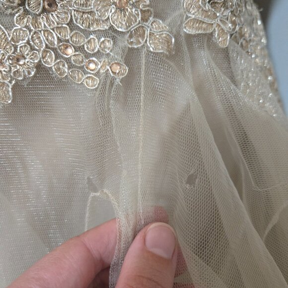 12 Sherri Hill 52504 Strapless Tulle Pickup Ruffle Gown Metallic Lace & Rosettes - Picture 5 of 13